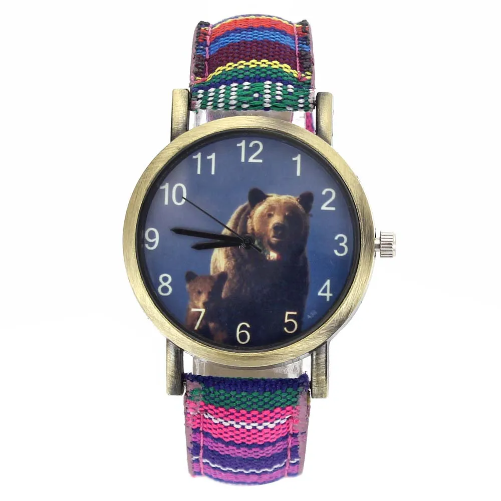 Big Brown Bears Grizzly Mama Bear Arctos Animal Fashion Men Women Accessories Stripes Denim Canvas Band Sport Quartz Watch