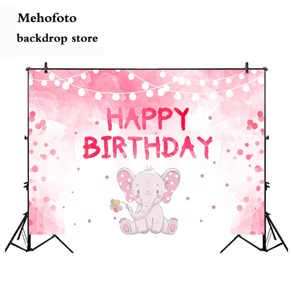 

Happy Birthday Pink Photo Background Newborn First Birthday Theme Photography Backdrop Elephant Girl Baby Shower 170