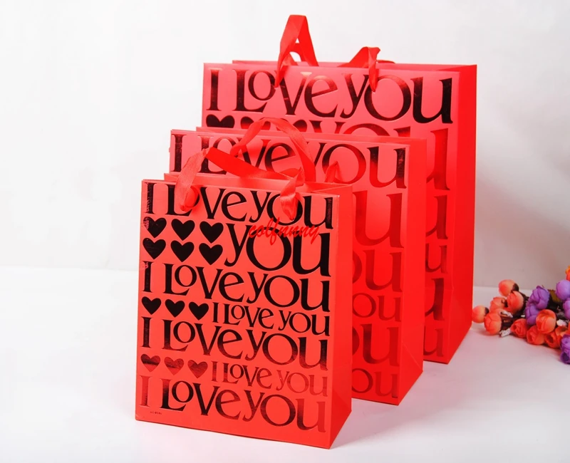 100pcs/lot Chinese Traditional Red Double Happiness Wedding Gift Paper Bag With Handle Package Candy Bags 25*9.4*19cm F062709