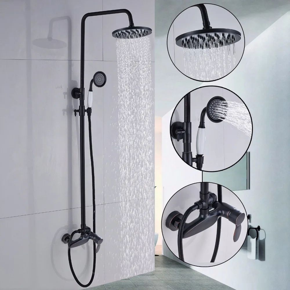 

Wall Mount Bathroom Shower Faucet Handheld Wand Shower Sprayer Mixer Tap Set 8" Rain Shower head Single Handle Bath Shower KD389