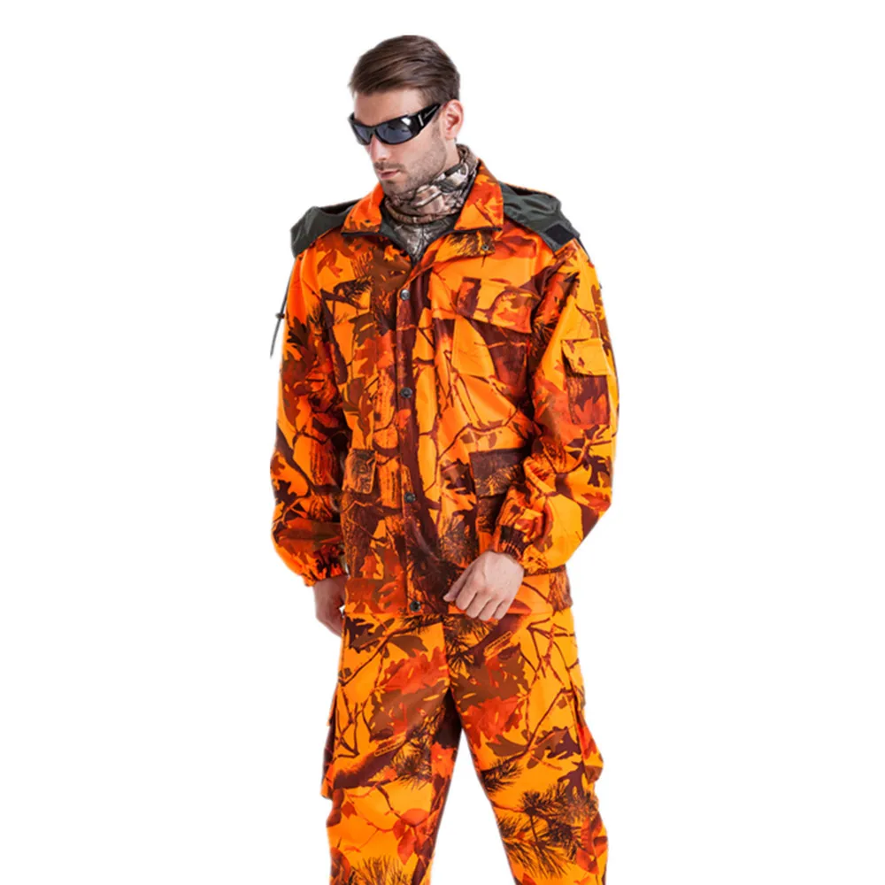 Outdoor Men\'s Blaze Orange Bionic Camouflage Hunting Fishing Suit  Wind-Waterproof Climbing Tactical Shooting Jacket Pants