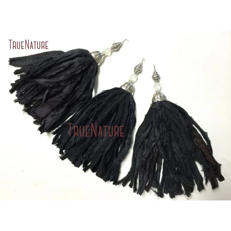 

Art Handcrafted Tassel Pendant Black Sari Silk Bohemian Tassel Pendant Oval Bead Cap and Rhinestone PM14464