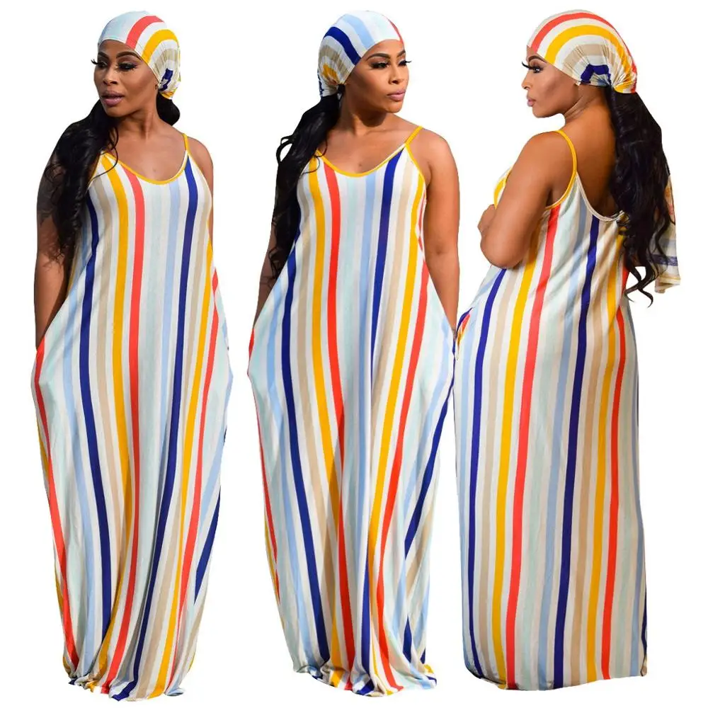 Stripe women summer maxi dress O-neck braces Long Loose beach party dresses with hairbands