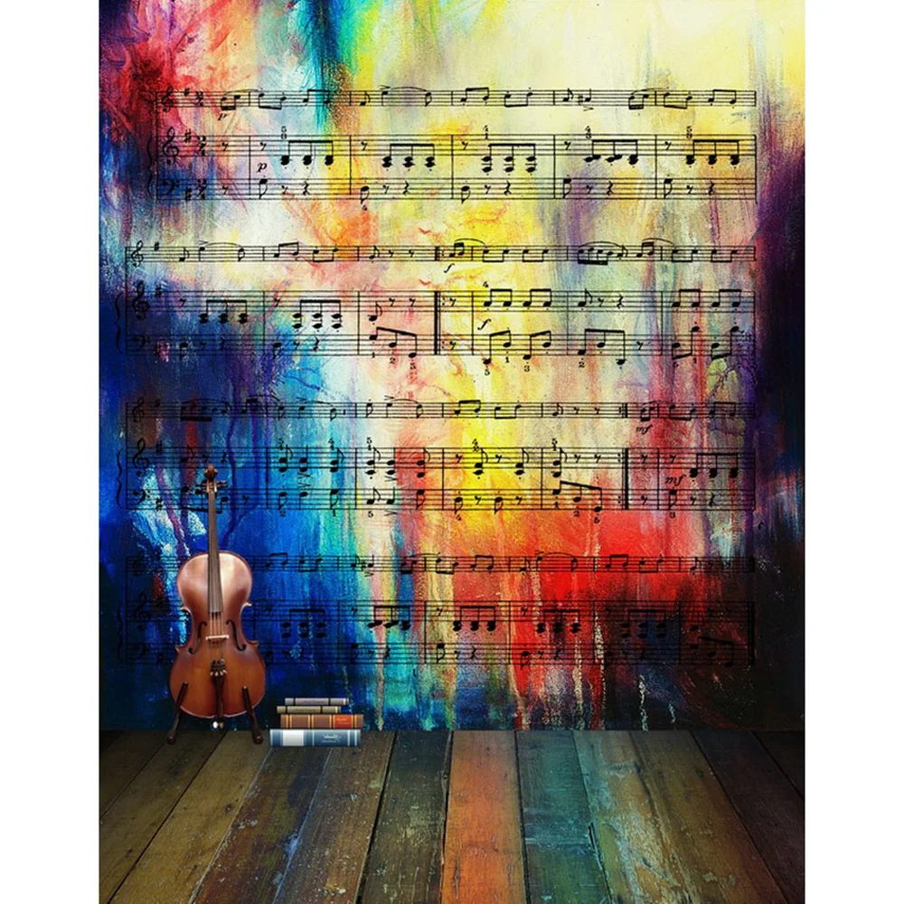 

Colorful Painted Music Notes Wall Backgrounds for Photo Studio Printed Brown Guitar Books Kids Photography Backdrops Wood Floor