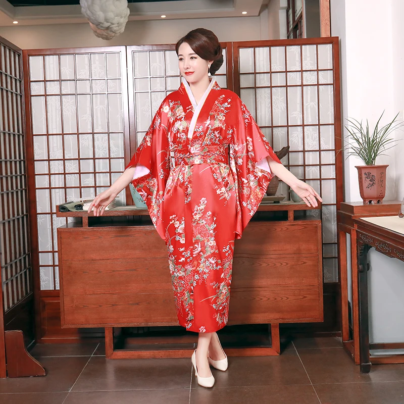 

Female Print Flower Yukata With Obi Cosplay Costume Long Satin Stage Performance Clothing Japanese Style Kimono Bathrobe Gown