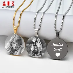 Auxauxme Engrave Photo Round Pendant Necklace For Women Men Customized Words Tag Medal Necklace With Link Chain Christmas Gifts