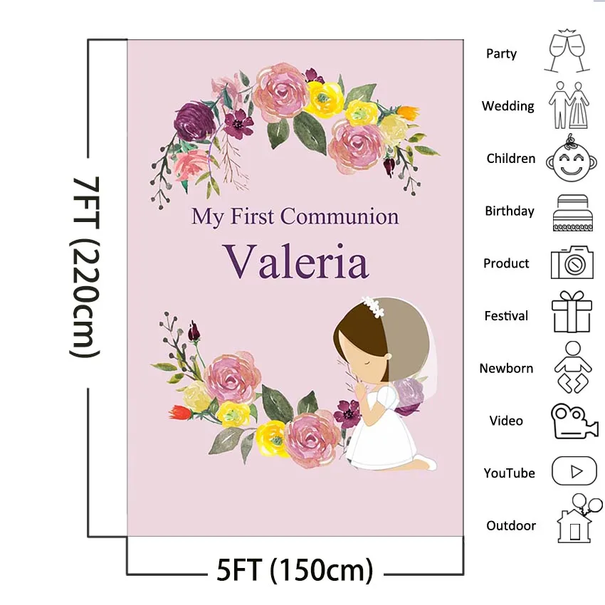 Holy Communion Photography Background First Communion Girl Party Pink Decor Flower Backdrops Photocall Photobooth Custom Prop