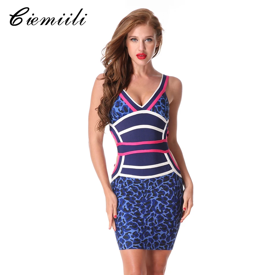 CIEMIILI 2022 Summer Women Leopard Sexy Bandage Dress Evening Party Bodycon Club Wear Spaghetti Strap V-neck Vestido Wholesale