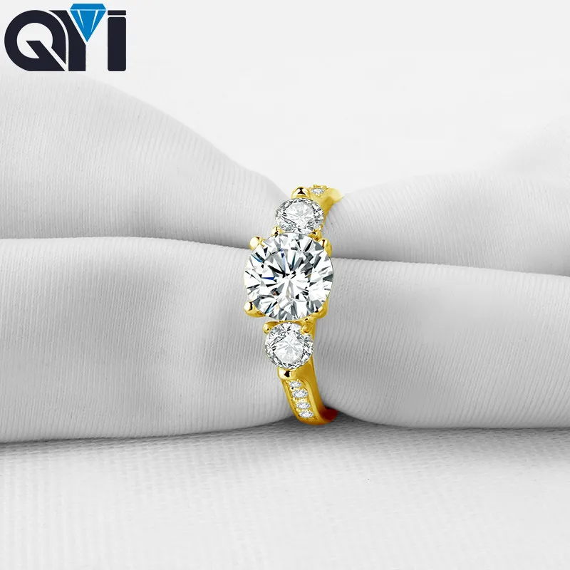 

QYI 14K Solid Yellow Gold Three Stone Rings Round Cut Moissanite Diamond Halo Rings For Women Wedding Engagement Jewelry