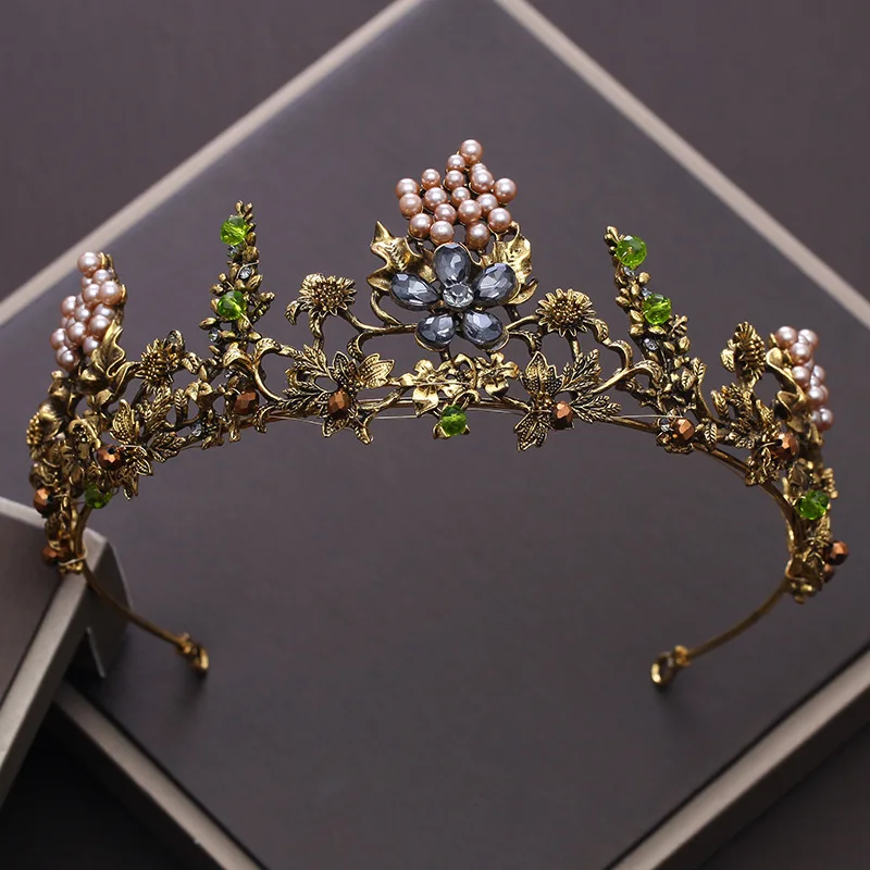 Baroque Vintage Gold Color Crystal Flowers Beads Tiaras Rhinestone Queen Crowns Wedding Hair Accessories Luxury Headband Diadem