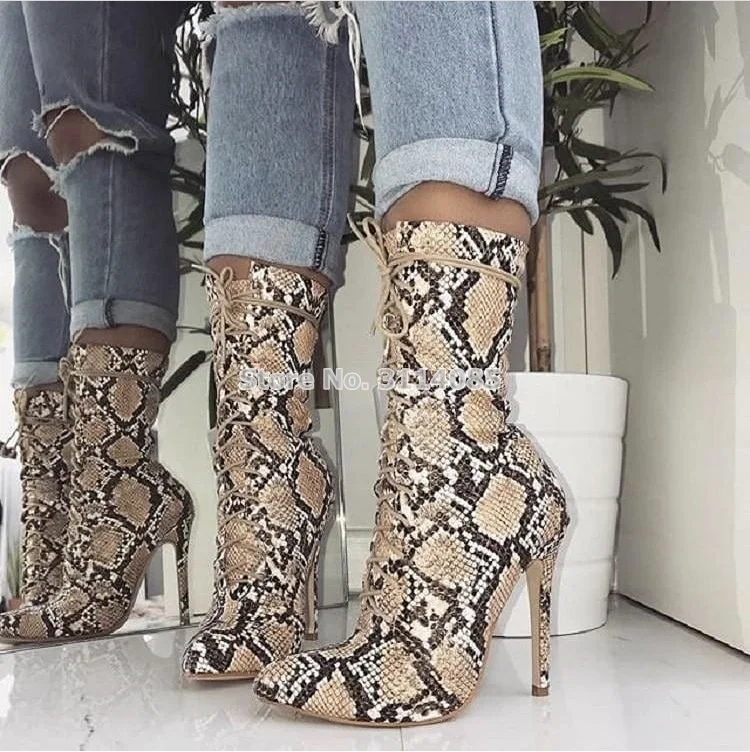 

Women New Year Sexy Snakeskin Ankle Boots Thin High Heels Pointed Toe Short Dress Boots Outside Gladiator Pumps Python Printed