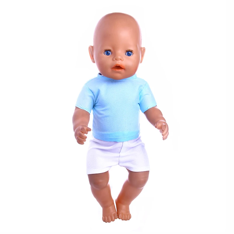 Handmade Doll Blue short-sleeved white shorts  Fit 18 Inch American Doll &43cm New  Baby  Clothes