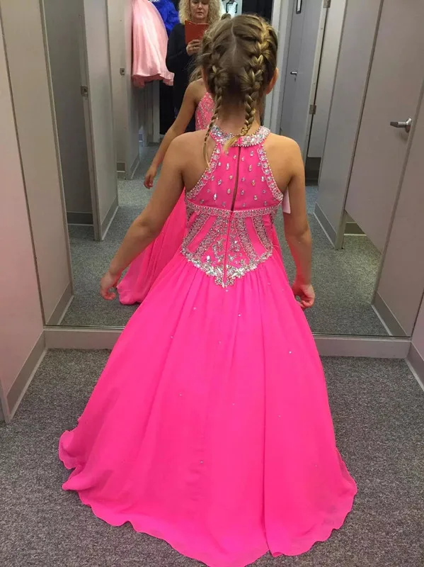 2020 Fuchsia Little Girls Pageant Dresses Beaded Crystals A Line Halter Neck Kids Toddler Flower Prom Party Gowns for Weddings