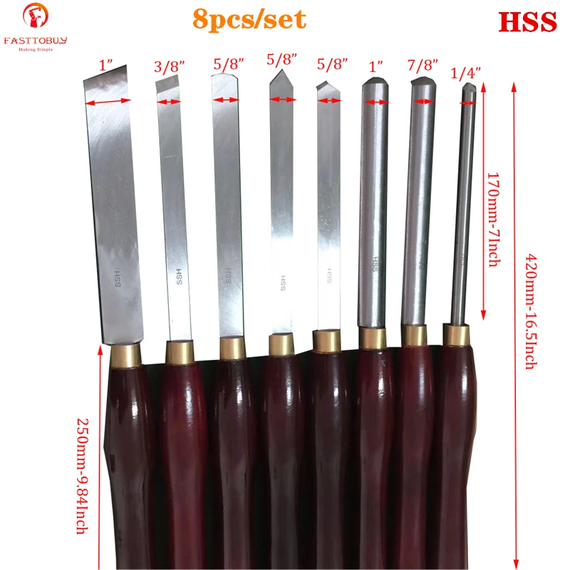 8pcs/set HSS Woodworking Turning Tool set HSS Lathe Chisel Set High Speed Steel Semicircle Knife Hand-held Wooden Turning Tool