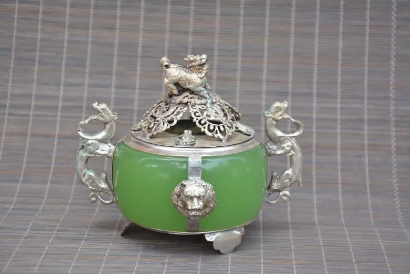 

Antique Old QinDyansty silver&jade censer,Lion, bring good luck, get rid of evil,Free shipping