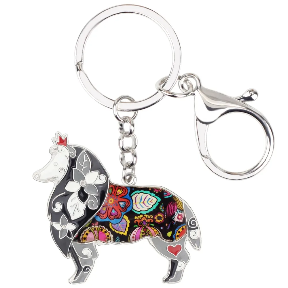 Bonsny Enamel Metal Border Rough Collie Dog Key Chain Key Ring Handbag Charm Fashion Animal Jewelry For Women Accessories