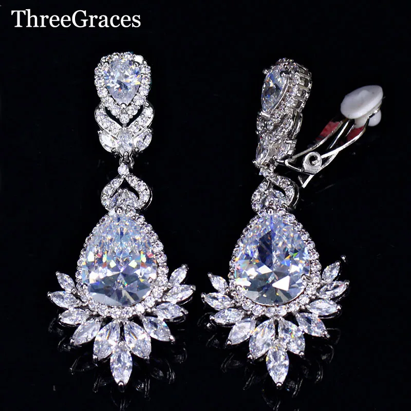 

ThreeGraces Luxury Women Wedding CZ Jewelry Long Big Dangle Water Drop Non Pierced Ear Clip on Earrings for Brides ER043