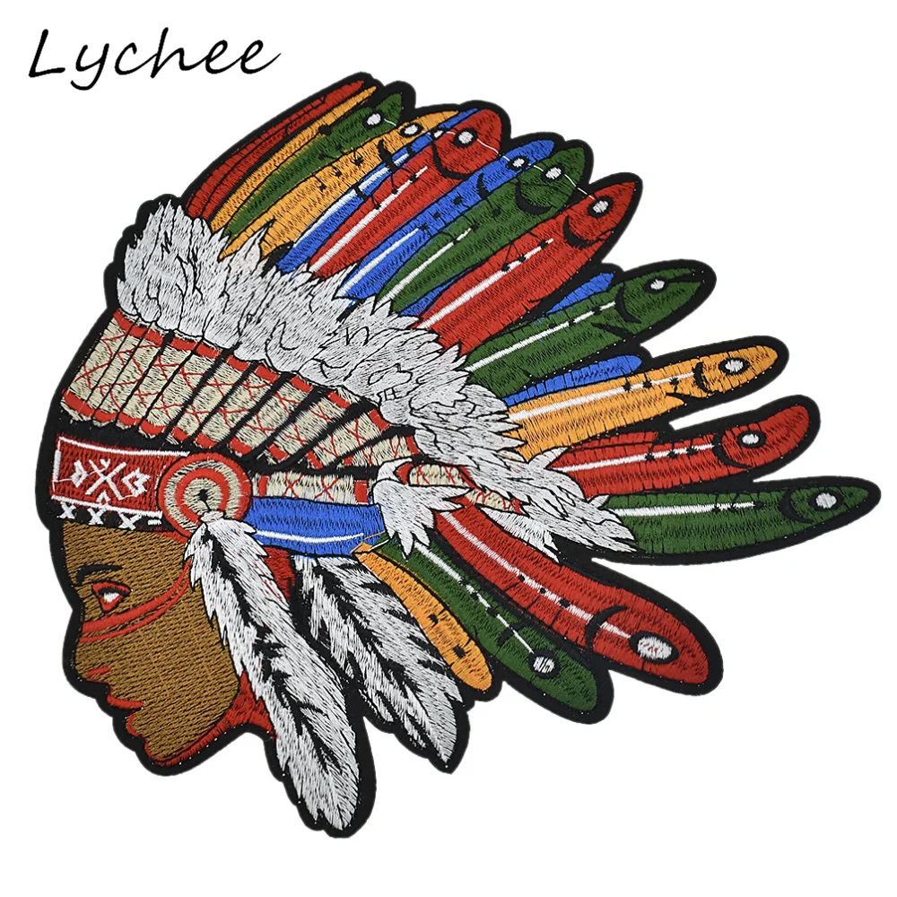 Lychee 24cm Oversized Colorful Indian Head Feather Embroidery Patches With Adhesive DIY Sewing Garment Applique