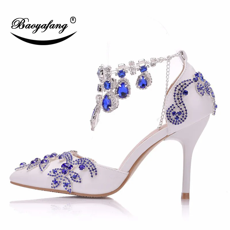 BaoYaFang Royal blue Crystal Ankle Strap Tassel shoes for woman fashion Thin Heel Ladies wedding shoes Buckle crystal shoes