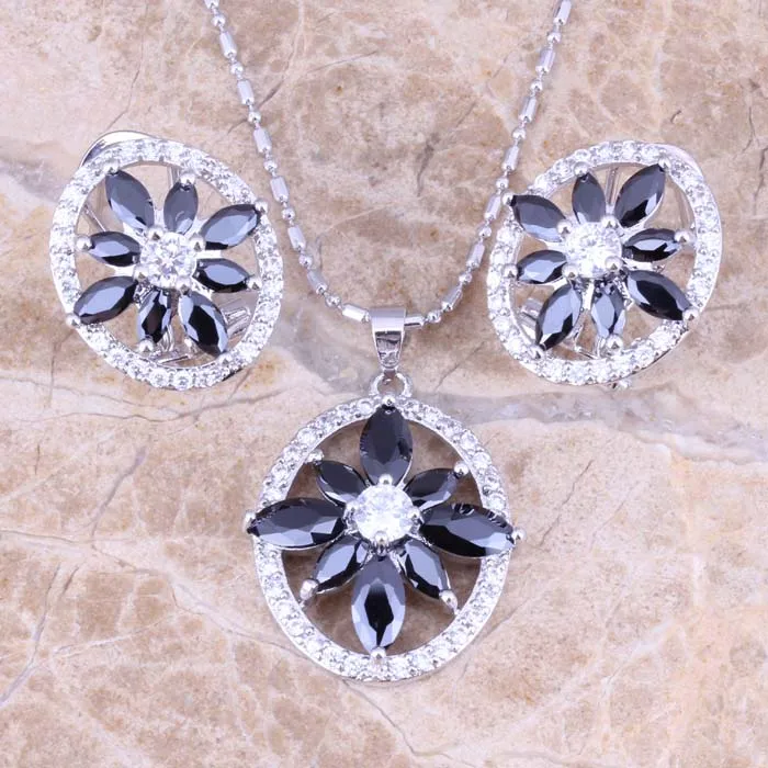 Enjoyable Black Cubic Zirconia White CZ Silver Plated Earrings Pendant Necklace Jewelry Sets S0738