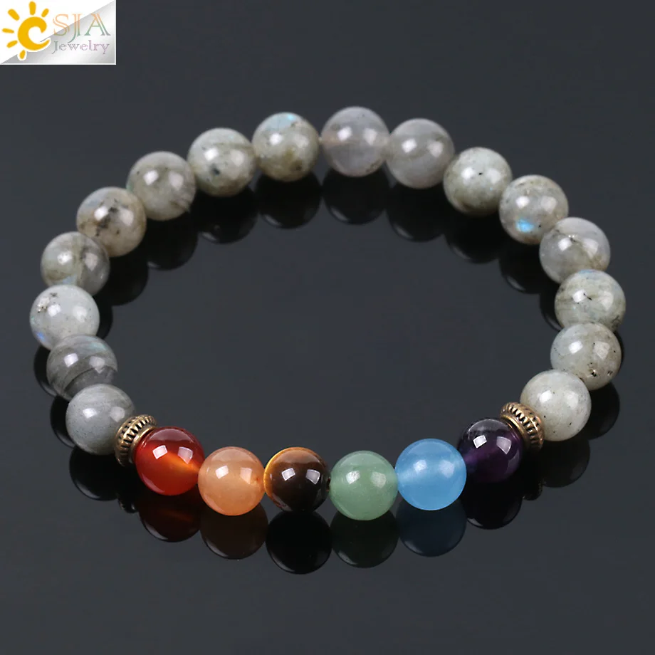 CSJA Natural Gem Stone Spectrolite Labradorite Beads 7 Chakra Bracelets for Men Meditation Healing Reiki Pulseira Masculina E951