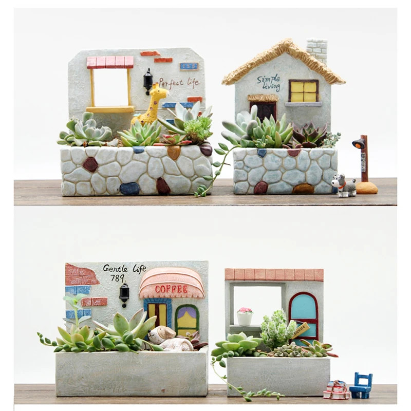 

1pc Garden House Series Flower Pot for Succulents Plants Resin Decorative Desktop and Wall Pot Home Garden Patio Decoration