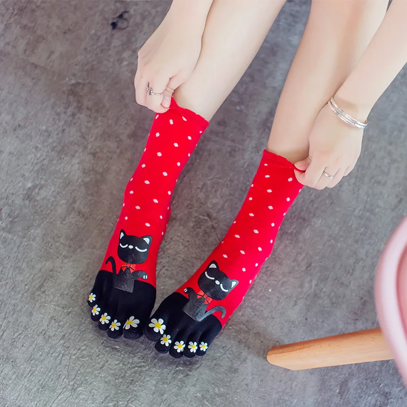 3 Pairs Cotton Lady\'s Five Finge Socks Cartoon 5 Toe Socks Womens Cute Japan Cat Socks With Separate Toes