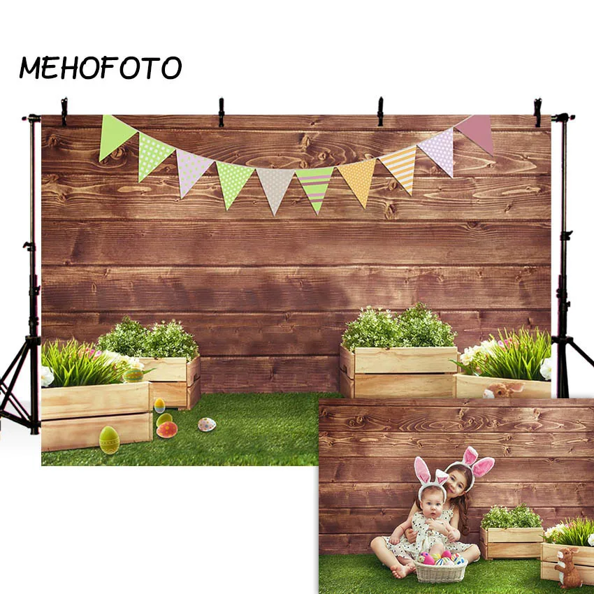 

MocsickaFabric Spring Easter Photography Backdrops Bunny Rabbit Green Grass Brown Wooden Wall Kids Background Photo Studio