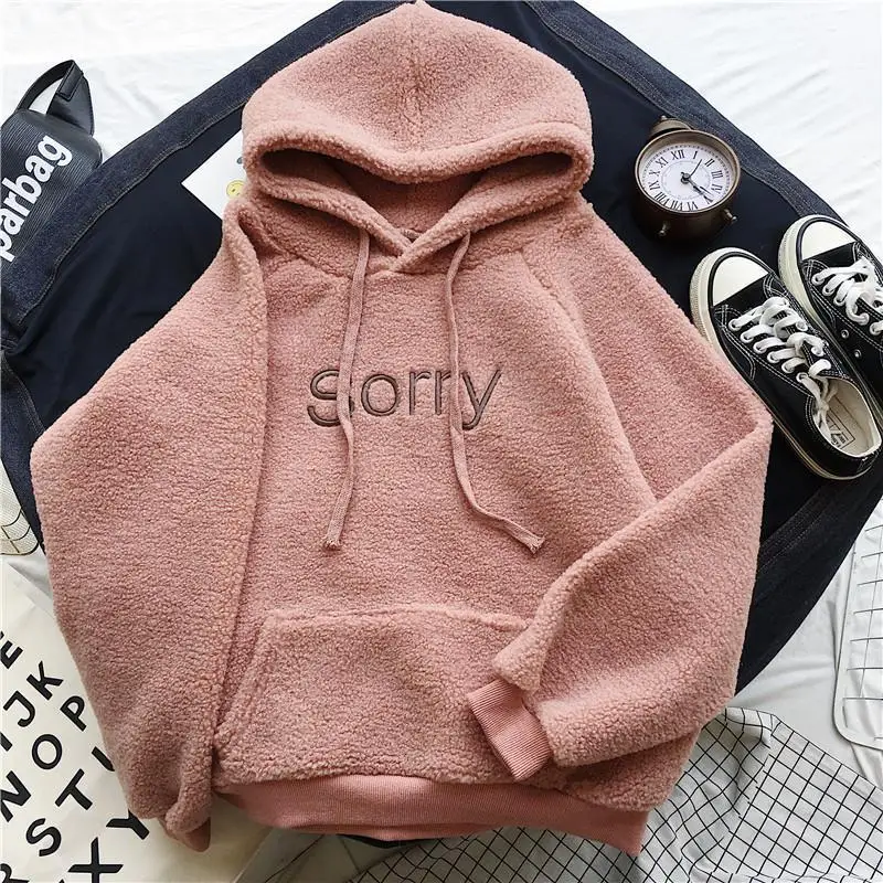 Winter Thicken Coat Keep Warm Hooded Sorry Print Harajuku Loose Pocket Hoodies Womens Fleece Flannel Pullover Female Sweatshirt