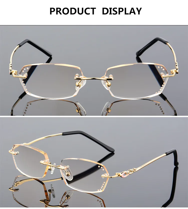 Luxury Rhinestone Reading Glasses Women Diamond Cutting Rimless Glasses High Clear Women\'s Golden Readers Presbyopic Eye Glasses