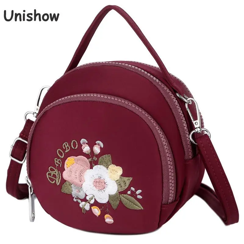 

Unishow Embroidered Flower Mini Women Shoulder Bags Nylon Circular Crossbody Bag For Women Small Zipper Phone Bag Ladies Handbag