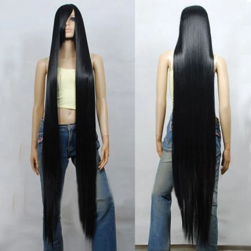 150cm Black Long Straight Heat Resistant Hair Cosplay Costume Wig + Free Wig Cap