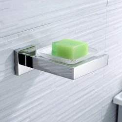 Square Stainless Steel Soap Dish Wall Mounted Soap Holder with Glass Dish Polished Soap Basket Bathroom Accessories