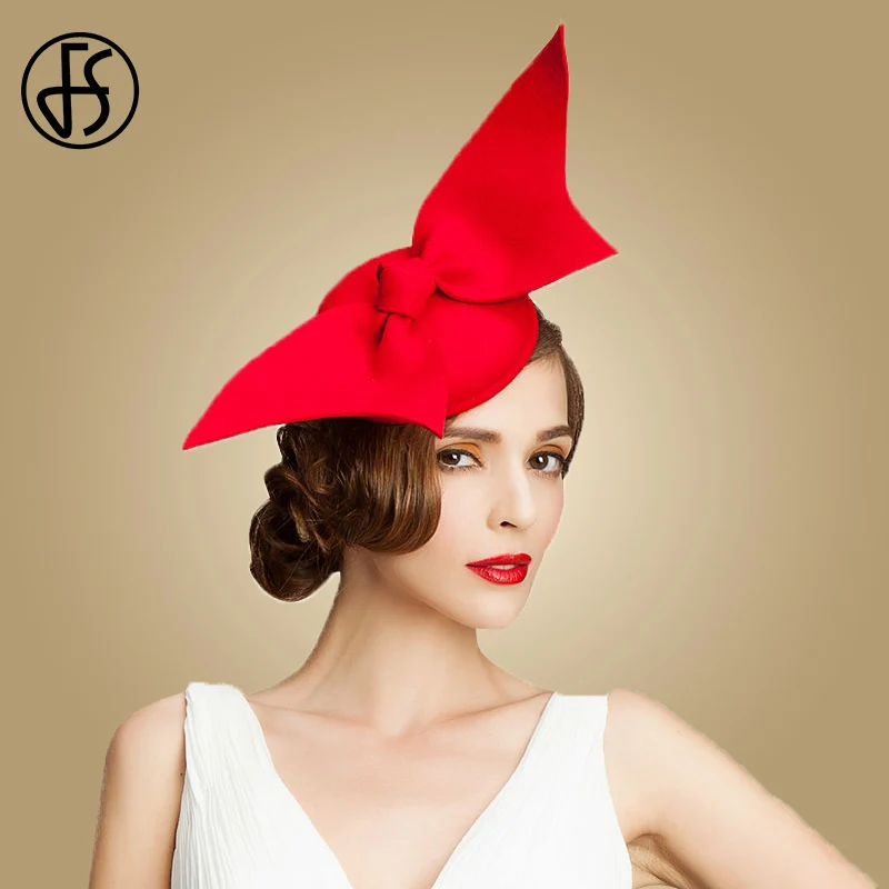 FS Wool Felt Red Women Church Hats For Wedding Fascinator Black Pillbox Hat Ladies Tea Party Bow Vintage Formal Cocktail Fedoras