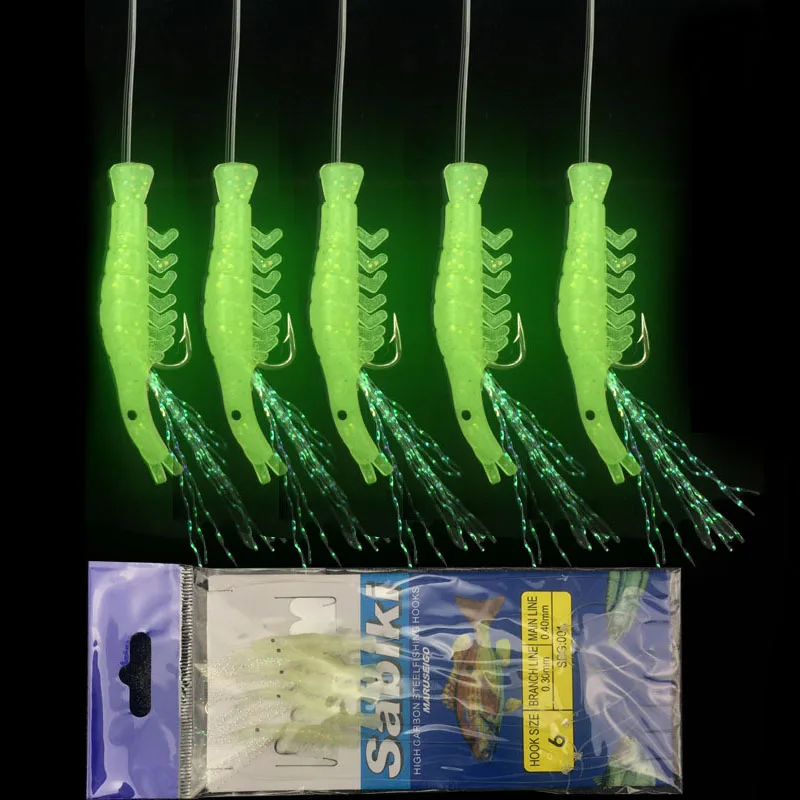 5 Pack Soft Lure Luminous Shrimp SABIKI Fishing Hook Tring Hook with size 6# 5# 4# 3# 2# 1# Ocean Rock Fishing Hooks