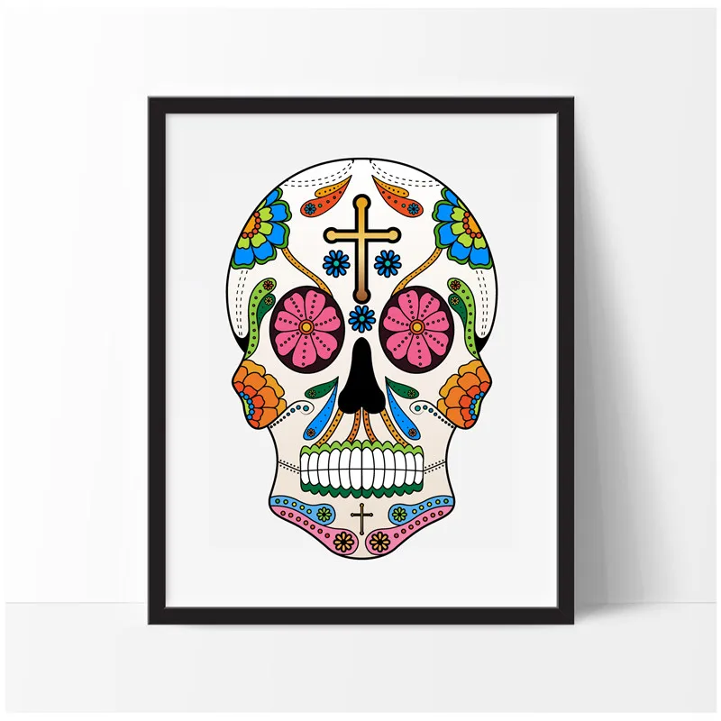 Colorful Sugar Skulls Art Decor Canvas Painting Wall Picture , Mexican Skull Poster Gothic Wall Art Canvas Print