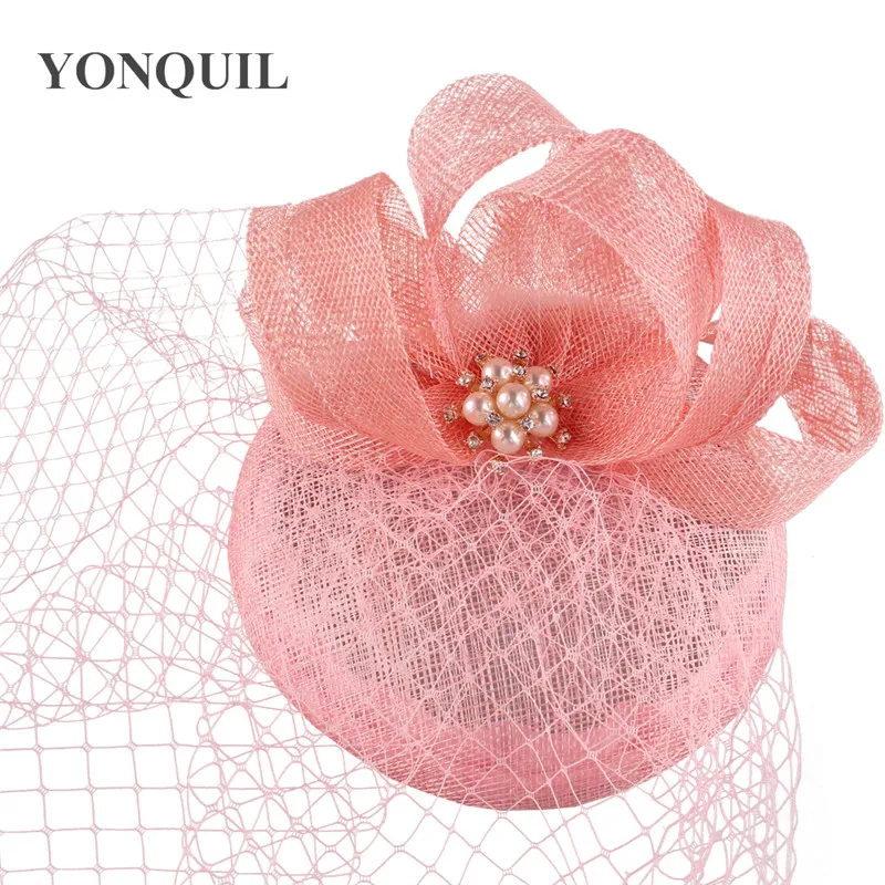 Hồng Sinamay Tóc Mạng Che Mặt Nón Đảng Nữ Nữ Fascinators Kẹp Tóc Cưới Mũ Đợi Đầu Đa Năng Thanh Lịch Cô Dâu Lưới Mũ Đội Đầu SYF510