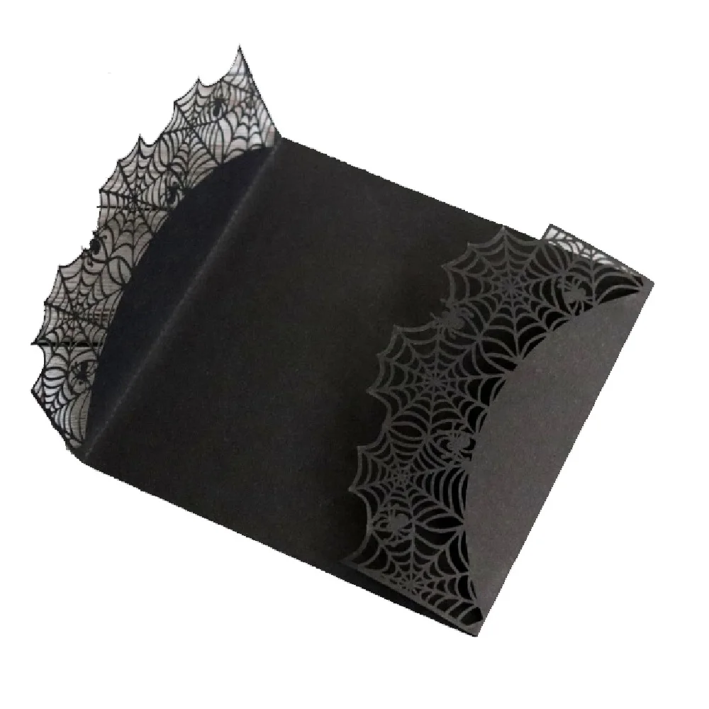 Black Pearl Paper Spiderweb Laser Cutting Lace Hollow Business Invitation Card, 15x15cm, With Ribbon & Customized Inner Card