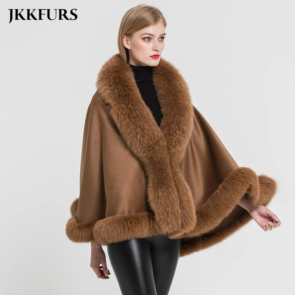 JKKFURS Women\'s Poncho Genuine Fox Fur Collar Trim & Cashmere Cape Wool Fashion Style Autumn Winter Warm Coat S7358