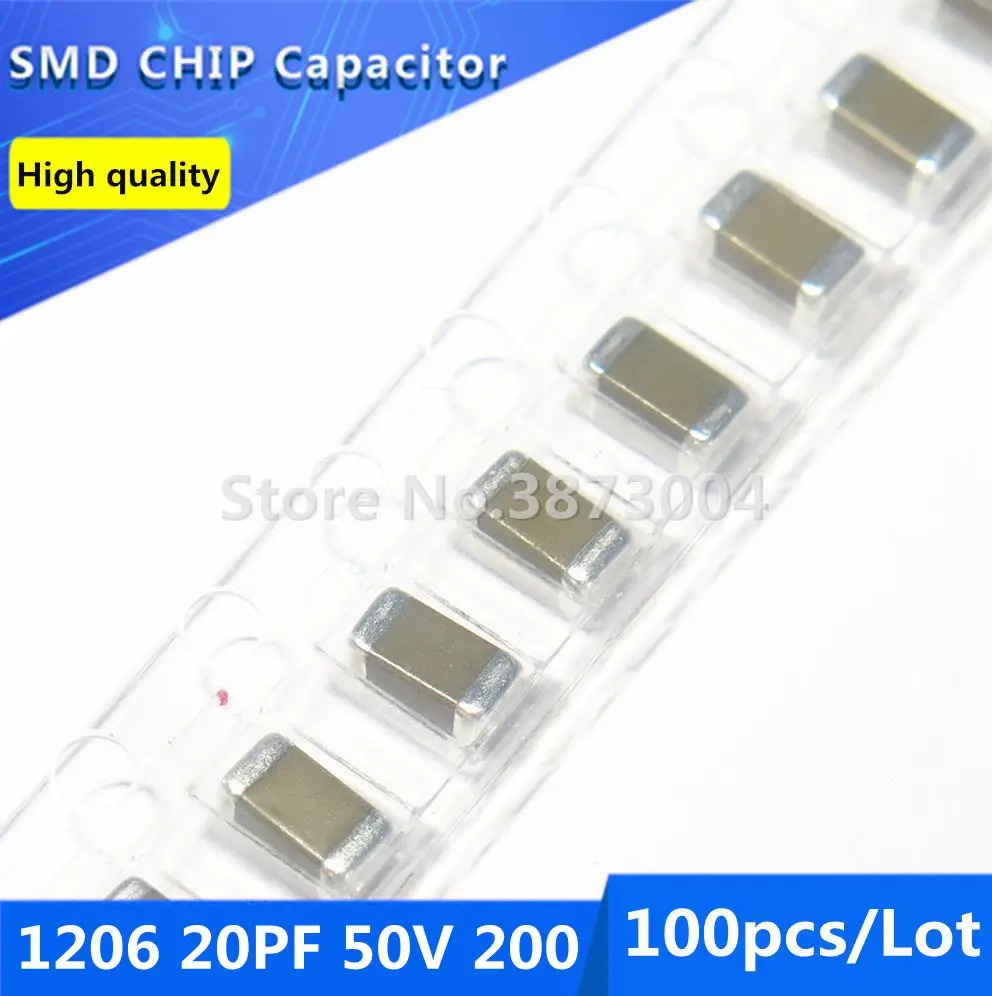 100pcs 1206 20PF 50V 200 C0G/NPO 5% Thick Film Chip Multilayer Ceramic Capacitor