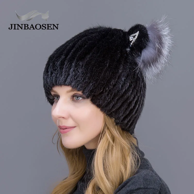 JINBAOSEN Fashion Female Mink Fox Fur Hat Suede Hat Winter Ski Cap Cat Ears Style Casual Hat Wool Cap