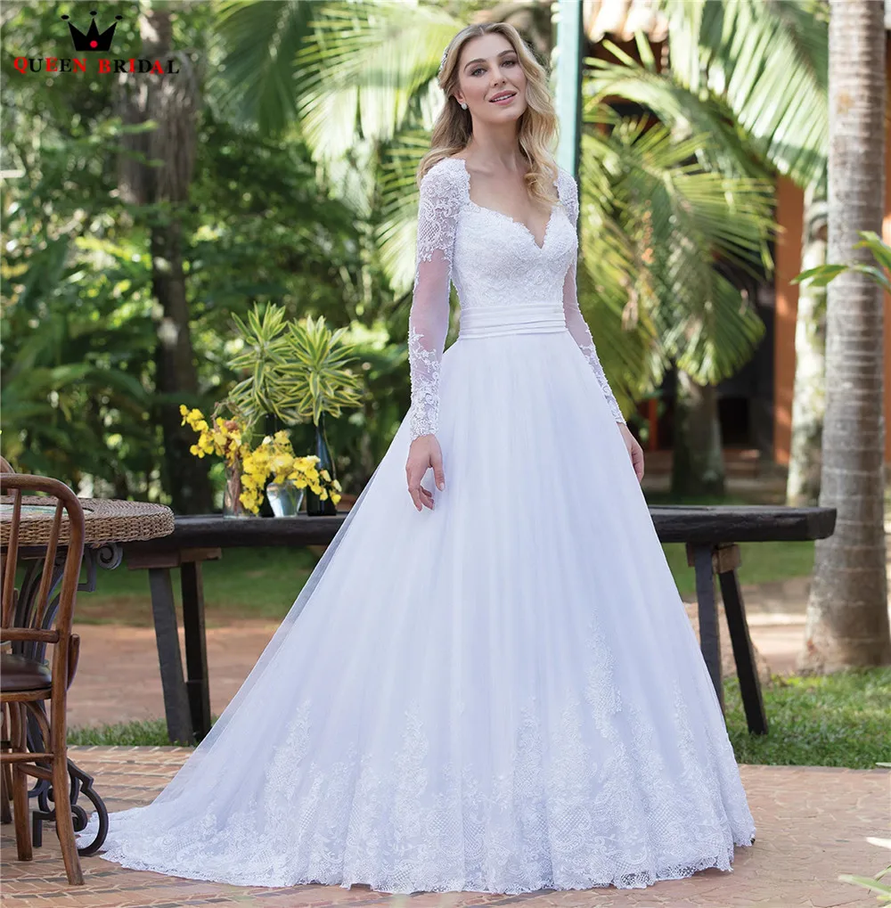 

Custom Made A-line V-neck Long Sleeve Floor Length Tulle Lace Beading Sexy Elegant Wedding Dresses Vestido de Noiva 2021 WH78