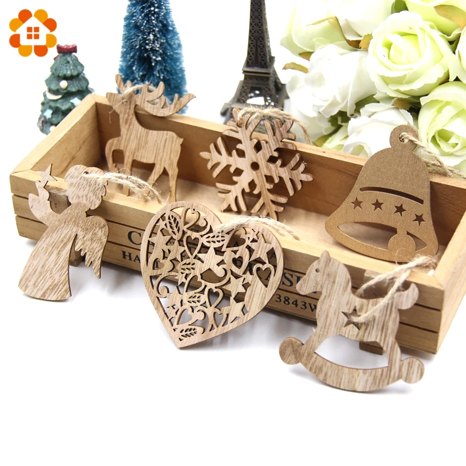 10PCS DIY Christmas Snowflakes&Deer&Tree Wooden Pendants Ornaments  Christmas Party Decorations Xmas Tree Ornaments Kids Gifts