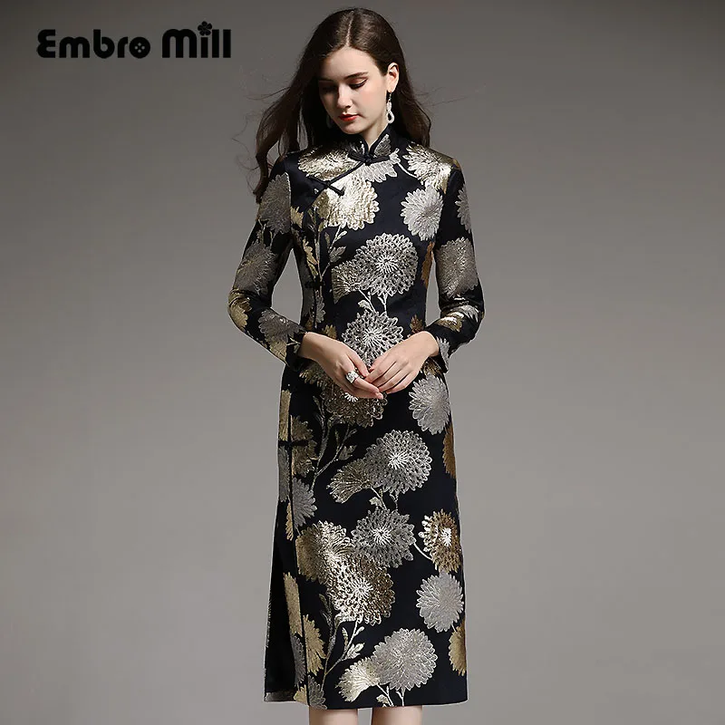 Autumn women Chinese style floral blue/black midi cheongsam dress embroidery dresses elegant slim lady Qipao party dress S-XXL