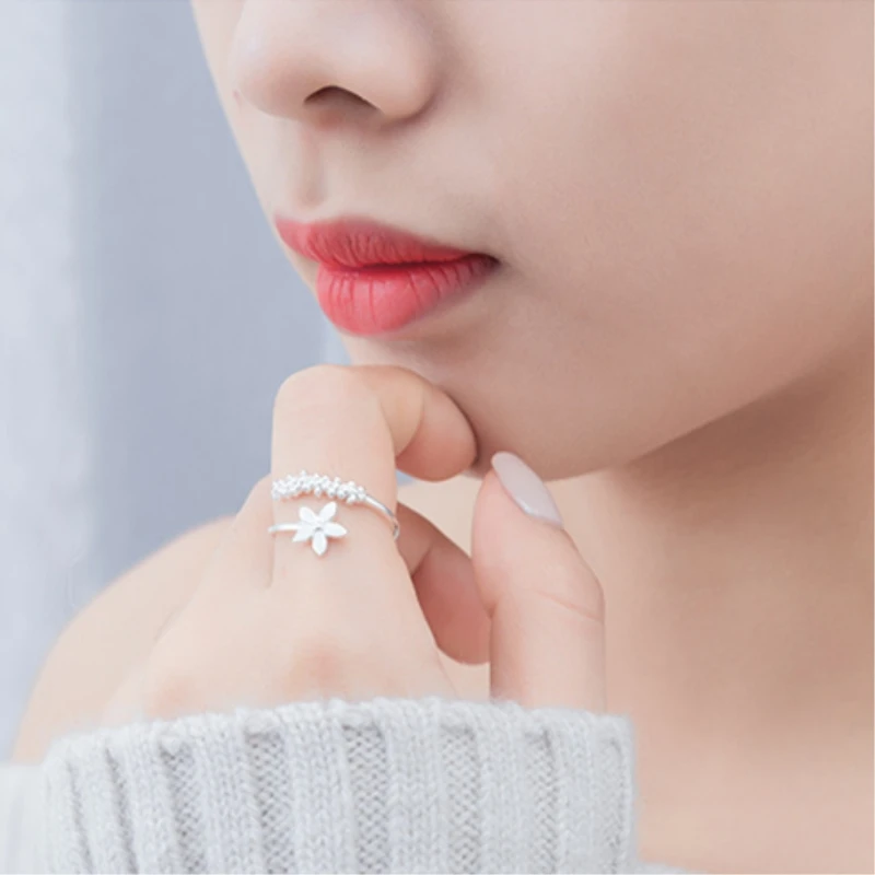 Fresh Flower Silver Color Temperament Personality Literary Fashion Gift Korea Female Resizable Opening Rings SRI172 image 4