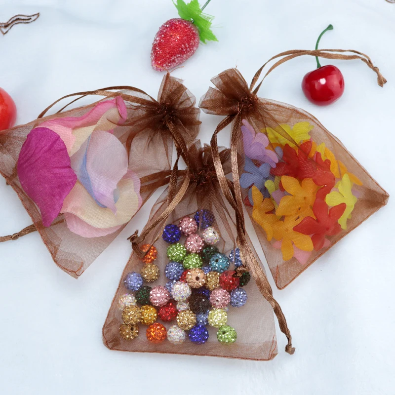 Wholesale 100pcs/lot Drawable Coffee Organza Bags 5x7cm Mini Wedding Favors Christmas Gift Bag Jewelry Packaging Bags Pouches