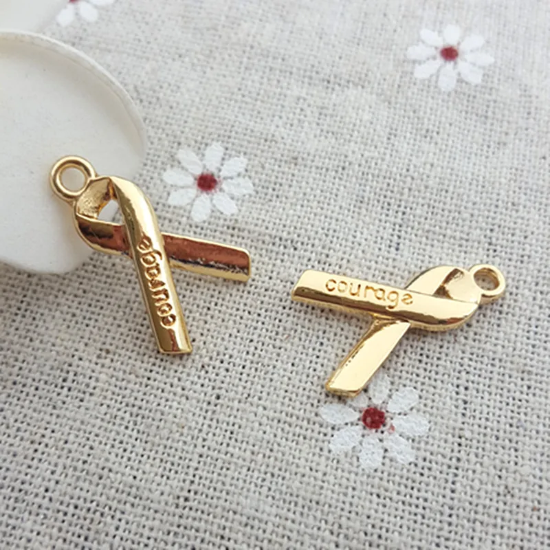 50pcs/lot 14*22mm gold color Help Heighten AIDS And HIV Awareness Red Ribbon Charm pendant  lettering Courage DIY accessories