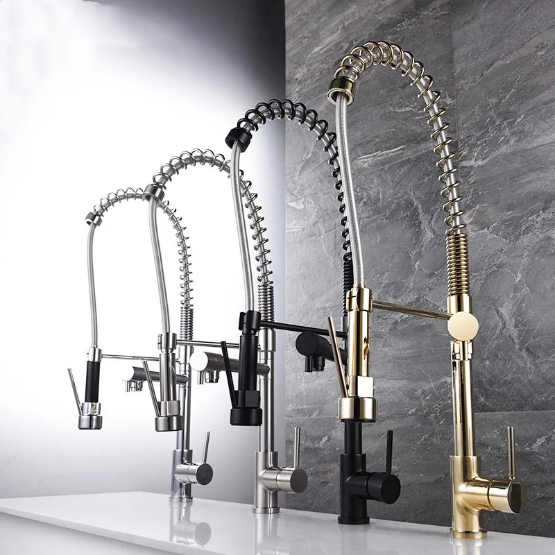 Chrome/Gold/Black/Brushed solid brass kitchen faucet Tall pull down kitchen mixer faucet Double spout High quality material