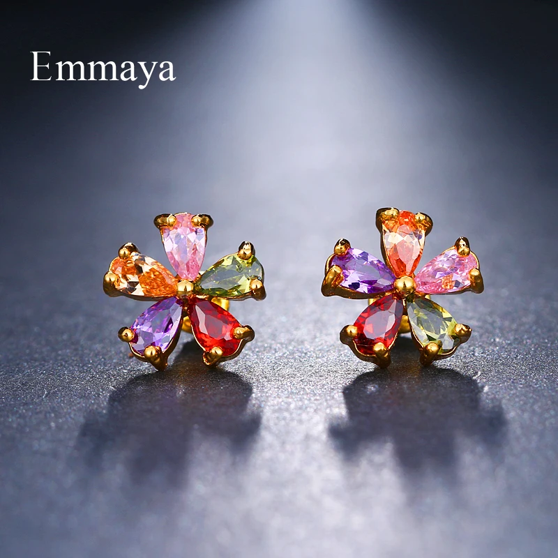 Emmaya Top Sale New Flower Earrings Champagne Gold Color Multicolor Cubic Zircon Stud Earrings for Women Bijoux Brinco Gift