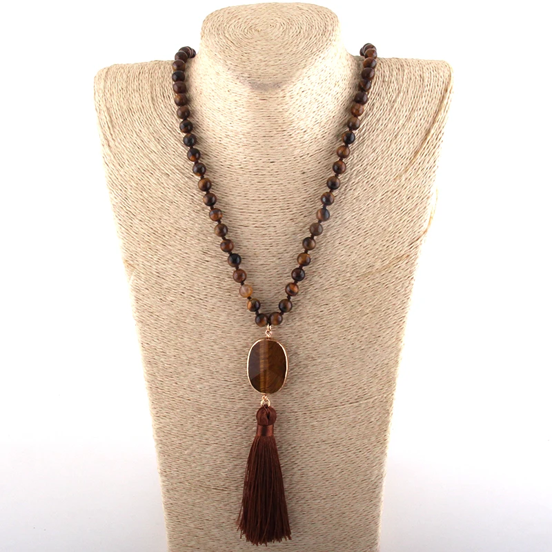 Fashion Bohemian Jewelry Semi Precious Stones Long Knotted Stone Long Tassel Necklaces Women Ethnic Necklace Dropship